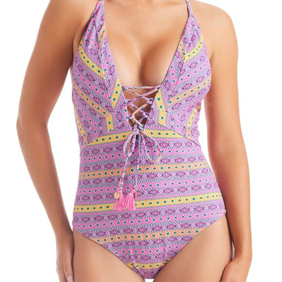 Jessica Simpson Shine Bright Lace Front 1 Piece Swimsuit Tulip Multi Medium - Picture 2 of 12